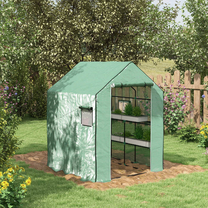 Outsunny 4.6' X 4.7' X 6.2' Walk-in Greenhouse With 3 Tier 8 Shelves, Outdoor Green House With Reinforced Pe Cover, Garden Plant Grow Hot House Roll-up Door And Mesh Windows, Green