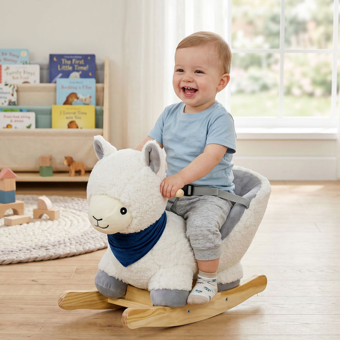Qaba Baby Rocking Horse, Plush Animal Rocker Alpaca, Kids Ride on Toy with Realistic Sound, Seat Belt, Handle Grip, Interactive Toy for Toddlers 12-36 Months, White