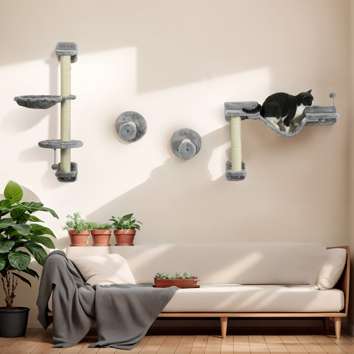 Pawhut Cat Wall Shelves, 4pcs Cat Shelves With Hammock, Scratching Post, Ladder, Steps, Platforms, Toy Balls, For Indoor Use, Grey
