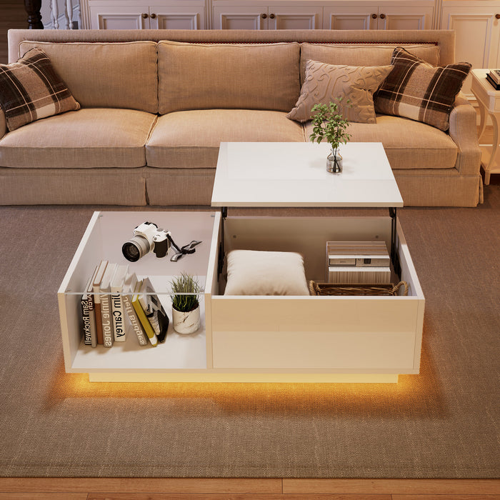 James Lift Up Coffee Table with Hidden Storage and LED Lighting,White