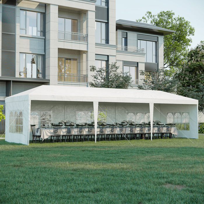 Outsunny 10 X 28ft Portable Party Tent, Gazebo Wedding Party Tent For Garden Dining And Outdoor With 5 Removable Sidewalls, White