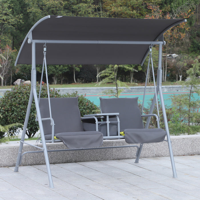 Outsunny Double Outdoor Swing Chair 2 Person Covered Swing Porch Swing W/ Pivot Table & Storage Console Grey