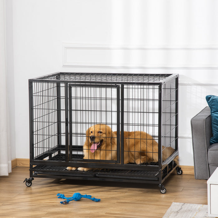 Pawhut Heavy Duty Dog Crate Cage For Large Dogs Cats With Two Doors, Lockable Wheels, Removable Tray, 43\" X 30\" X 34.5''