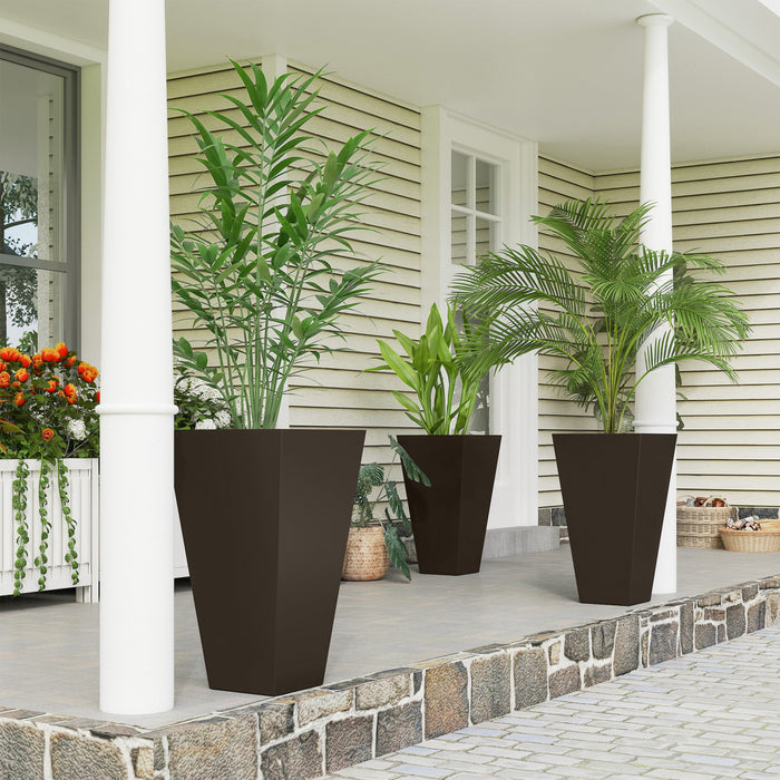 Outsunny 28\" Tall Plastic Planters, Set of 3 Garden Flower Pots, Brown