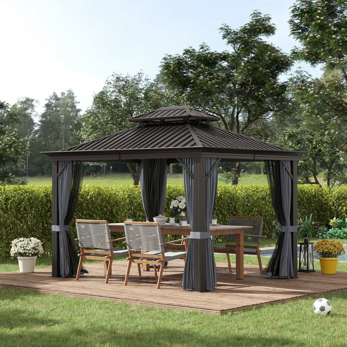 Outsunny 10' X 12' Outdoor Hardtop Gazebo With Galvanized Steel Canopy & Netting Sidewalls For Lawn, Backyard, Dark Grey