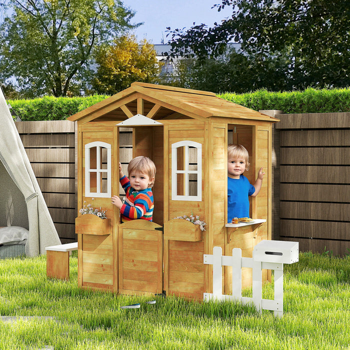 Outsunny Playhouse for Kids Outdoor with Door Windows Mailbox Flower Pot Holder Serving Station Bench Yellow