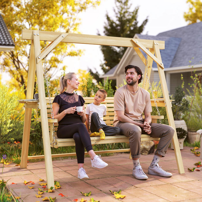 Outsunny 3 Seat Porch Swing with Stand and Side Tables, Natural Wood