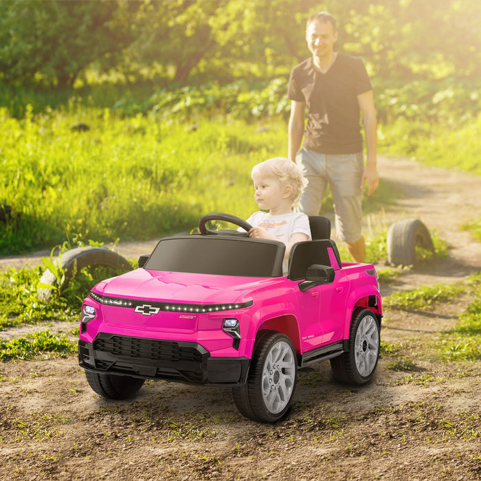 Qaba 12v Electric Car For Kids, Chevrolet Silverado Ev Rst Licensed Battery Powered Ride-On Kids Car With Parent Remote Control, Spring Suspension, Soft Start, Training Wheels, Pink