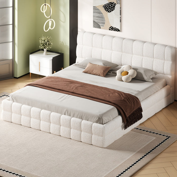 Emma Modern Upholstered Platform Bed with Comfortable Solid Wood,King Size,White King Bed