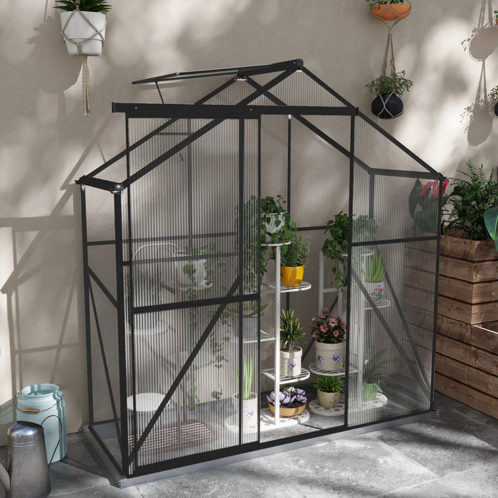 Outsunny 6' X 2.5' Polycarbonate Greenhouse, Walk-in Green House With Sliding Door, 5-level Roof Vent, Rain Gutter, Aluminium Garden Plants Warm Grow House With Foundation, Black