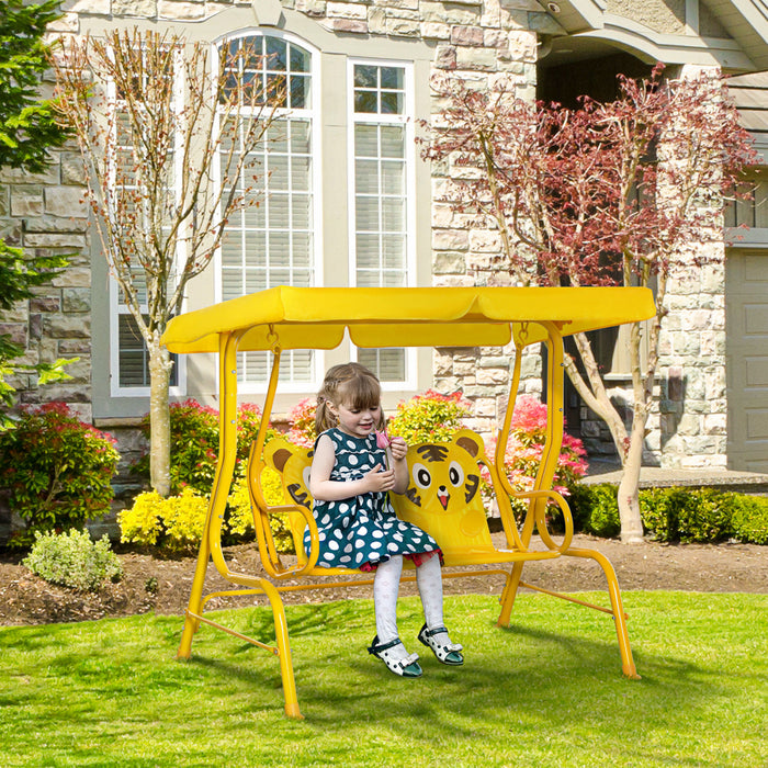 Outsunny 2-seat Kids Porch Swing Chair, Children Outdoor Patio Furniture Lounge Chair For Garden, With Adjustable Canopy, Seat Belt, Tiger Pattern, For 3-6 Years Old, Yellow