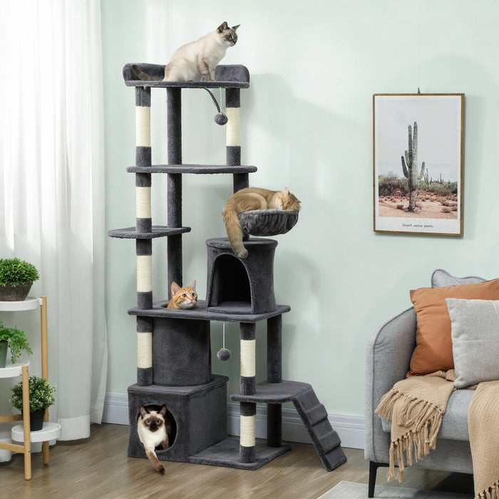 PawHut Cat Tree, 67\" Large Cat Tower for Indoor Kittens Multi-Level with 7 Scratching Posts, Tunnel, 2 Plush Condos, Hammock, Perch, Ramp, Pompoms, Dark Grey