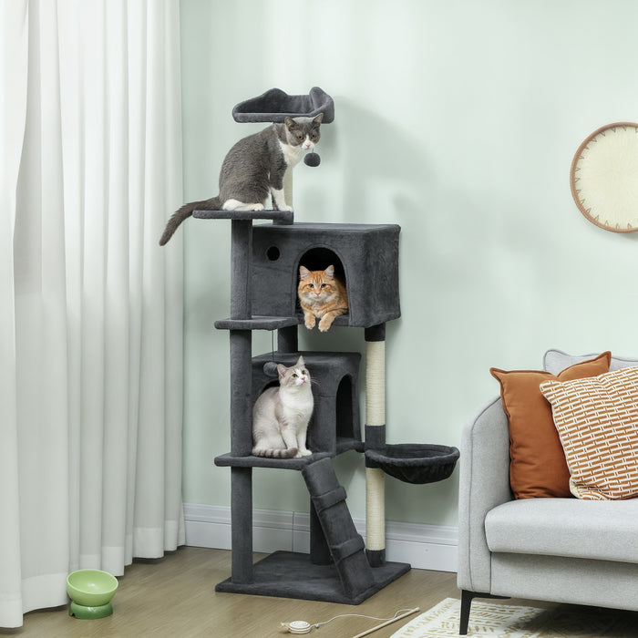 PawHut Cat Tree, 63 Inch Multi-Level Large Cat Tower with Sisal Scratching Posts, Condos, Plush Perches, Hammock, Ladder, Dangling Balls, for Indoor Kittens, Dark Grey