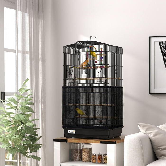 Pawhut 36\" Bird Cage For Finches, Canaries Budgies, Parrot Cage With Accessories, Handle, Mesh Cover, Tray, Black