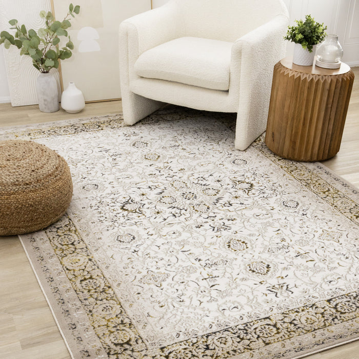 Zaris Cream Yellow Black Elegant Classic Rug, 5'3\" x 7'7\" Indoor Area Rug