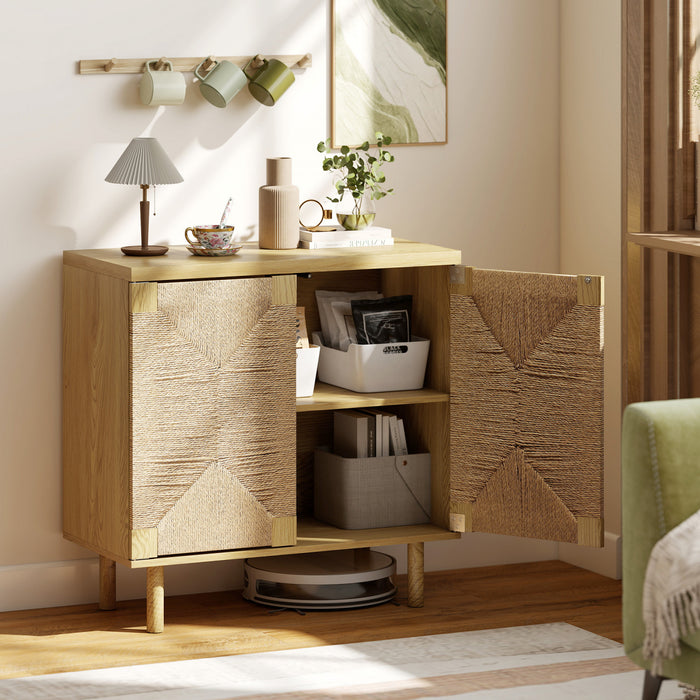 HOMCOM Buffet Cabinet with Handwoven Rope Doors, Sideboard Cabinet, Oak