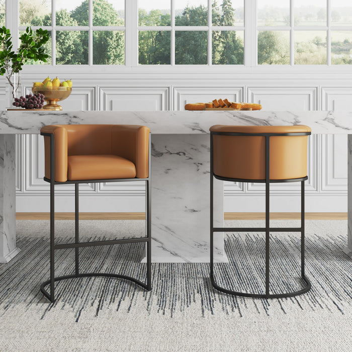 Cosmopolitan Mid-Century Modern Metal Upholstered Barstool in Camel - Set of 3 Bar Stool