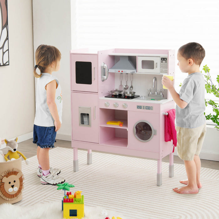 Costway Kids Pretend Kitchen Play Set Toddler Toy Wooden Chef Height Adjustable With Sounds