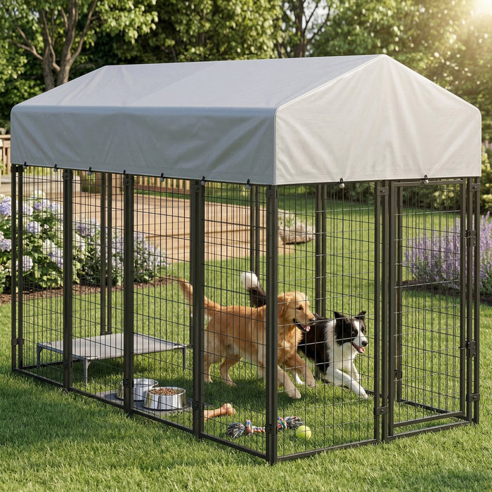 PawHut 8' x 4' x 6' Dog Run Outdoor, Large Outdoor Dog Kennel Welded Wire Steel Fence with UV-Resistant & Waterproof Cover, Dual Escape-proof Lock, Silver