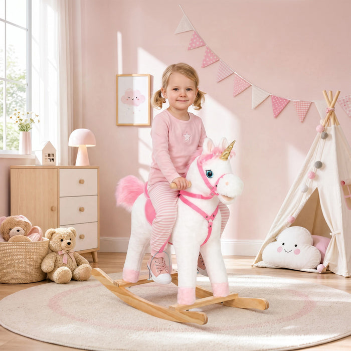 Qaba Baby Rocking Horse, Unicorn Children Plush Animal Rocker with Rocking Limit, Tail Wag Mouth Movement & Sounds, Kid Ride on Toy Gift for Toddlers 3-5 Years Old, White