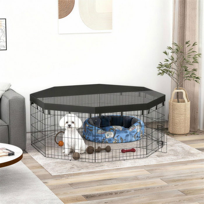 PawHut Dog Playpen, 8 Panels Foldable Dog Pen with Sunproof Top Cover, 8 Ground Stakes, 24\"H Dog Fence for Indoor Outdoor, for Small and Miniature Dogs and Pets