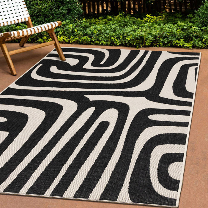 Jackson Black White Abstract Lines Outdoor Rug, 5'3\" x 7'7\" Outdoor Area Rug