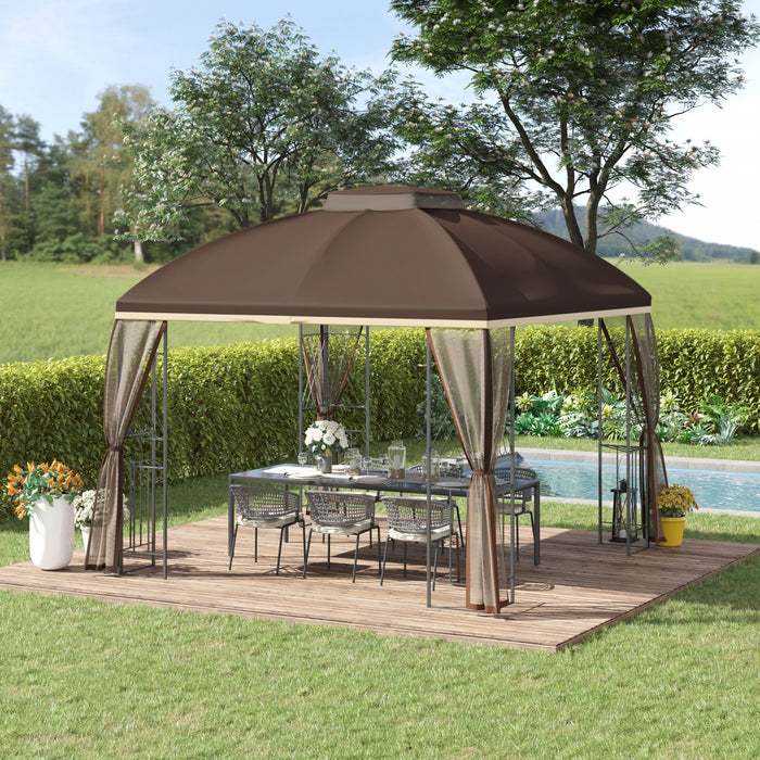 Outsunny 10' X 10' Outdoor Patio Gazebo Canopy With Double Tier Roof, Removable Mesh Nettings, Display Shelves, Brown