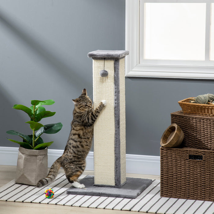 Pawhut 32\" Tall Cat Scratching Post For Indoor Cats And Kittens, Vertical Claw Scratcher, Sisal Cat Scratcher With Hanging Ball And Soft Plush, Grey