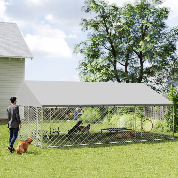 PawHut Large Dog Kennel with Roof and Safety Lockable Latches, Heavy-Duty Galvanized Steel Dog Run Chain Link w/ Waterproof UV-Resistant Cover, 19.7' x 14.8' x 7.9'