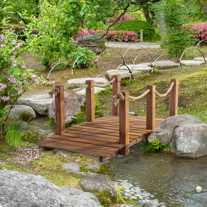Outsunny 5ft Wooden Garden Bridge Outdoor Decorative Arc Footbridge With Hemp Rope Railings & Fir Construction, Orange