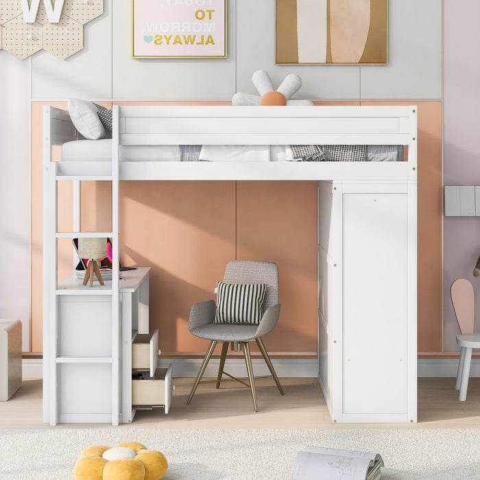 Jeffrey Solid Wood Loft Bed With Wardrobe, Desk And Drawers, Twin Size,white