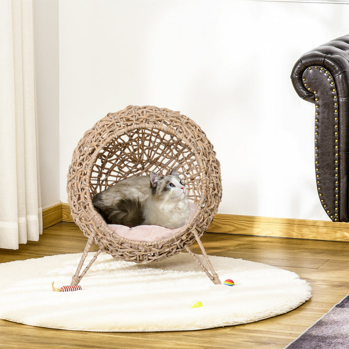 Pawhut Rattan Cat House, Wicker Kitten Bed With Cushion, Elevated Pet Bed For Indoor Cats, Natural Wood