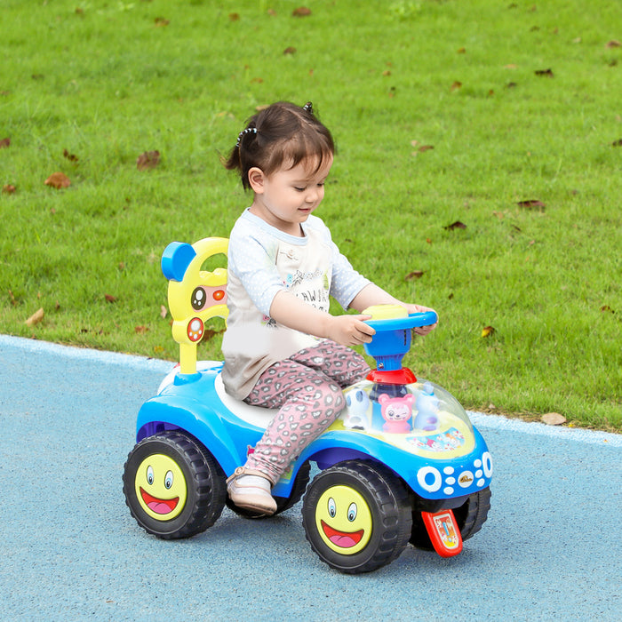 Qaba Push Car for Toddlers, Foot-to-Floor Ride on Car Toy with Horn, Light, Music, Anti-Over-Backwards Device, Steering Wheel, Under Seat Storage for 1.5-3 Years Old, Blue