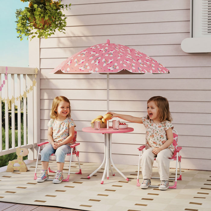 Qaba Kids Picnic Table, Kids Table and Chair Set with 2 Folding Chairs and Removable Umbrella, Unicorn Theme Portable Children Outdoor Furniture for Backyard, Garden, Patio, Pink