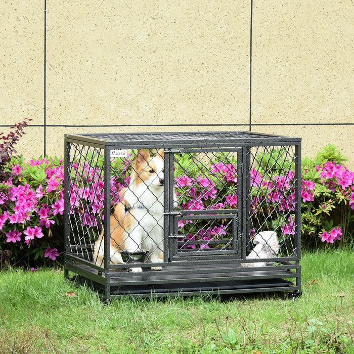 Pawhut Heavy Duty Dog Crate, Metal Dog Kennel Cage With Wheels, Openable Top, Removable Tray, Stainless Steel Bowl, For Small, Medium, Large & Xl Dogs, 42.5\" X 29\" W X 35\"