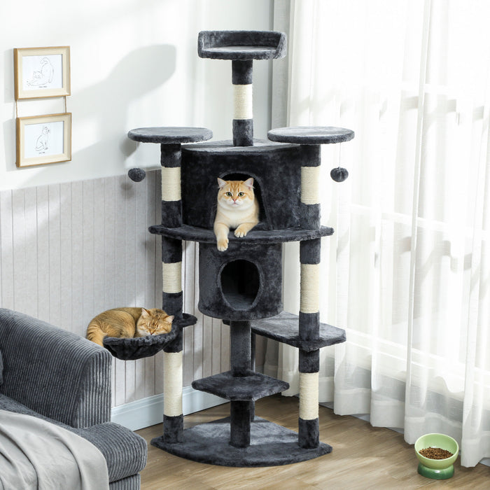 PawHut Cat Tree, 62\" Multi-Level Cat Tower with Scratching Posts, 2 Condos, Hammock, Perches, Plush, Pompoms, for Indoor Kittens Playing, Resting, Sleeping, Dark Grey