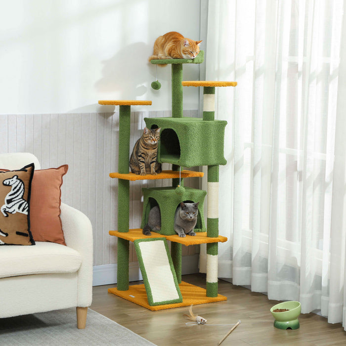PawHut 54\" Cat Tree, Cat Tower for Indoor Cats with Scratching Posts, Cat Condos, Bed, Platforms, Ramp, Toy Ball, Cat Activity Center, Green