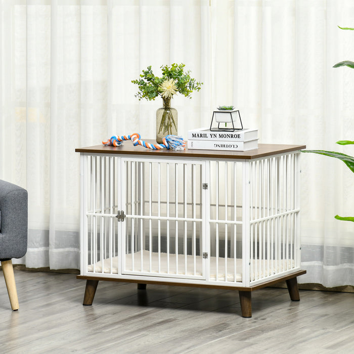 Pawhut Dog Crate, Furniture Style Pet Cage Kennel, End Table, Decorative Dog House, With Soft Cushion, Wooden Top, Door, For Small & Medium Dogs, Indoor Use, Brown