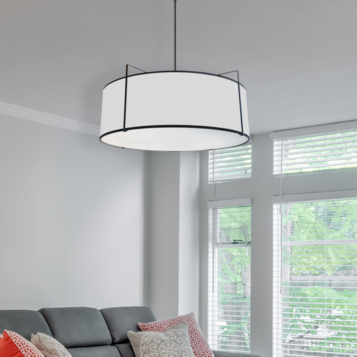 Dainolite Trapezoid 4 Light Pendant Drum Black/White Shade White Fabric Diffuser Black Lamp