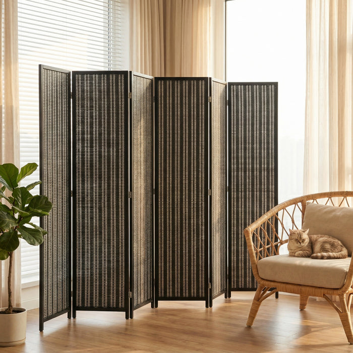 HOMCOM 6 Panel Room Divider with Handwoven Bamboo, Folding Privacy Screen