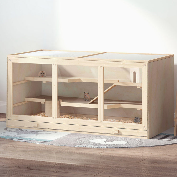 Pawhut Wooden Hamster Cage, Mouse Mice Rat Cage Small Animal Cage, 3 Tier Exercise Play House With Slide, Tray, Natural Wood