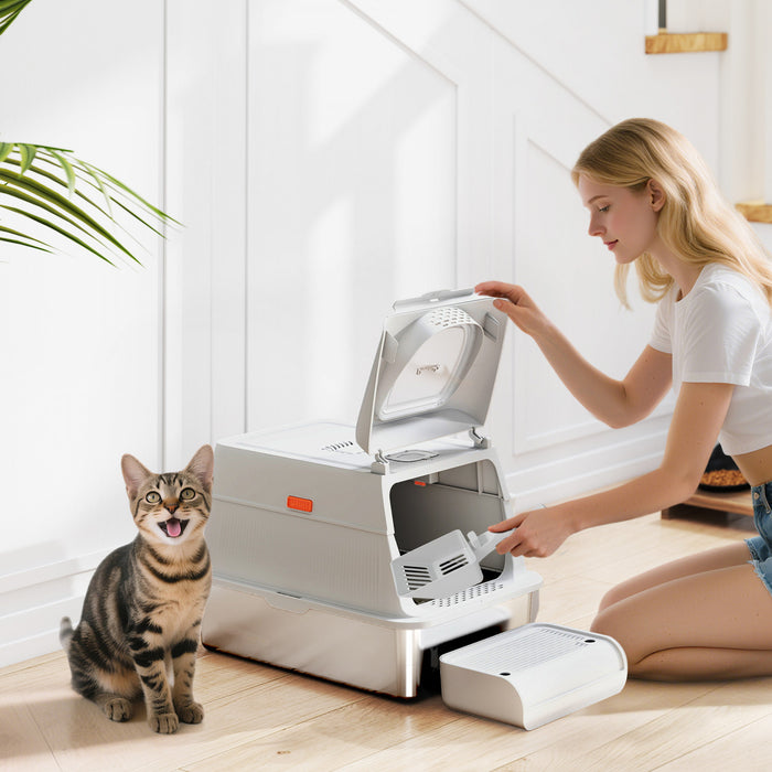 PawHut XL Stainless Steel Litter Box with Lid, Extra Large Enclosed Cat Litter Box for Big Cats with Flip Cover, Scoop, Pedal, Deodorizer, Leak-Proof, Odor-Resistant, Easy Cleaning