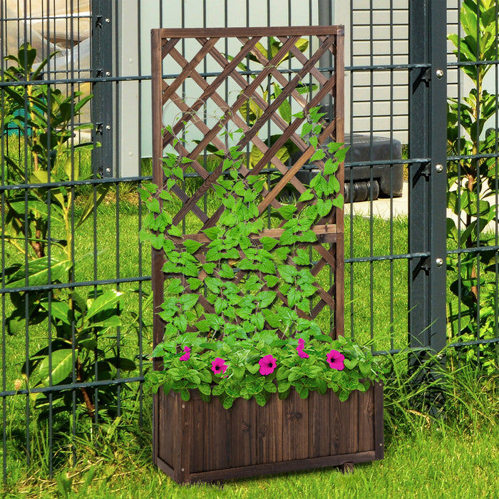 Outsunny 2.4 X 1 X 4.9 Ft Garden Wooden Pine Trough Planter With Topped Trellis Climbing Plants Flower Raised Bed, Carbonized