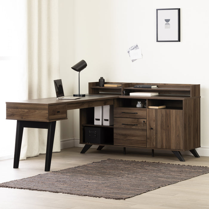 Helsy L-Shaped Desk with Power Bar and Removable Hutch Natural Walnut - South Shore