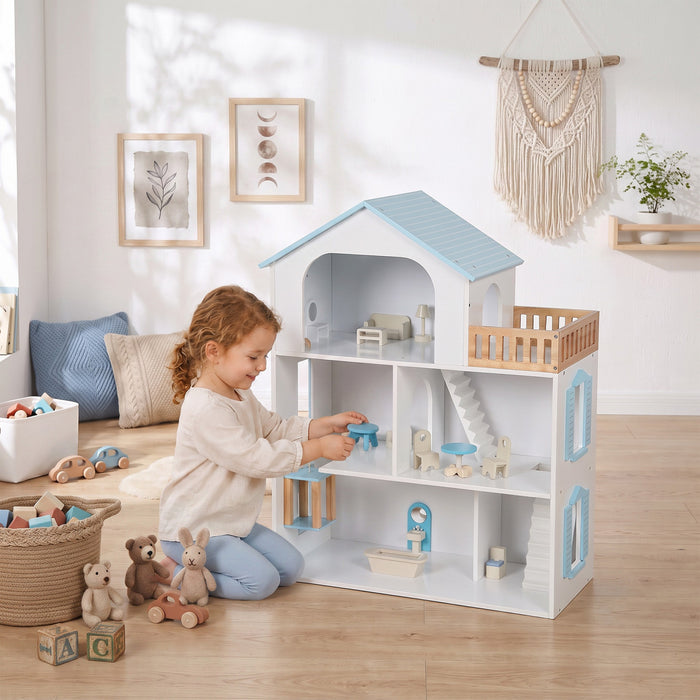 Qaba Wooden Doll House for Girls w/ Elevator, DIY Dollhouse Playset w/ 5 Rooms and 13 Furniture Accessories, Pretend Play Toy Gift for Kids 3-6, Blue