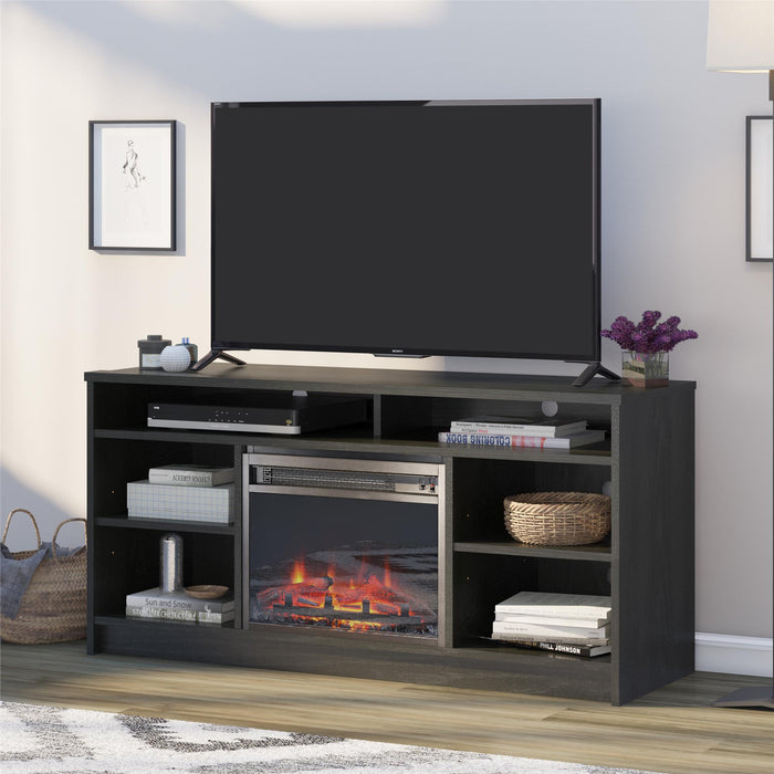 Ameriwood Home Hendrix 55\" TV Stand with Electric Fireplace Insert and Shelves - Black Oak