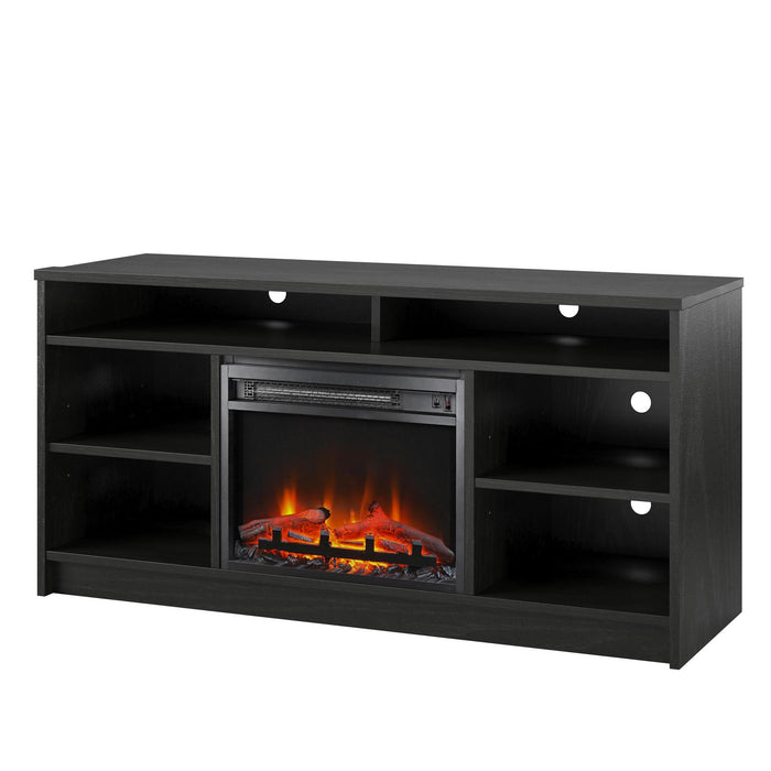 Ameriwood Home Hendrix 55\" TV Stand with Electric Fireplace Insert and Shelves - Black Oak