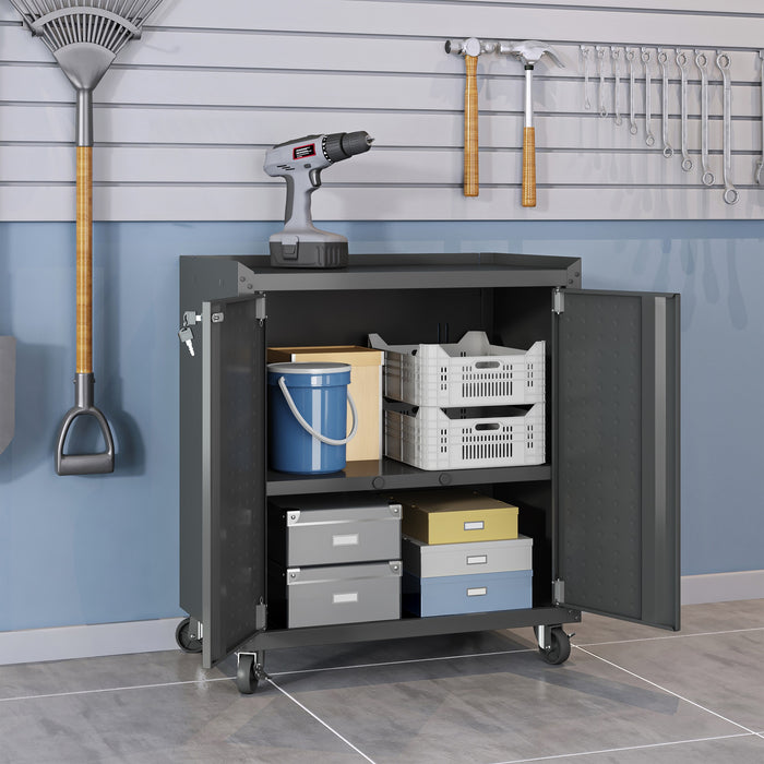 Manhattan Comfort Fortress Textured Metal 31.5\" Garage Mobile Cabinet with 2 Adjustable Shelves - Charcoal Grey