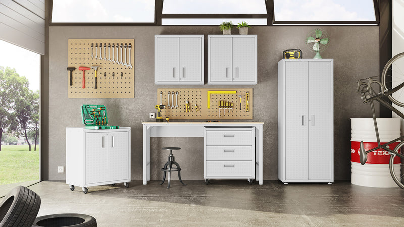 Manhattan Comfort Fortress Textured Metal 31.5\" Garage Mobile Cabinet with 2 Adjustable Shelves - White