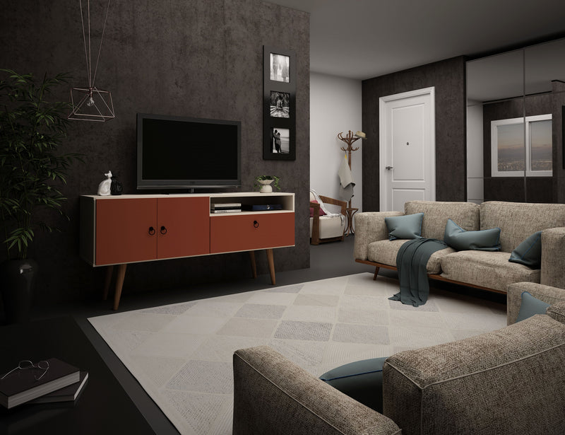 Manhattan Comfort Tribeca 53.94\" Mid-Century Modern TV Stand with Solid Wood Legs - Off White & Terra Orange Pink